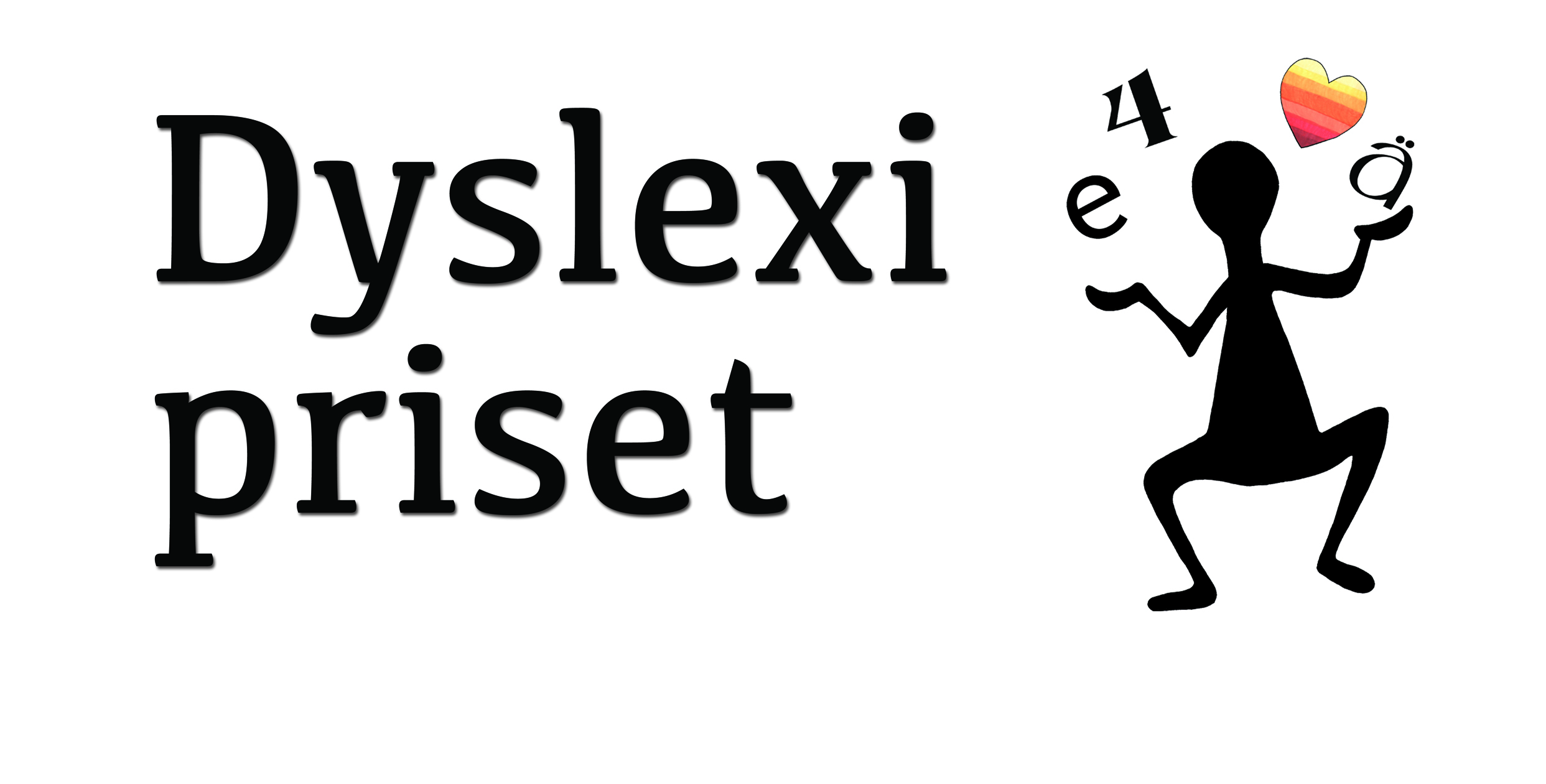 Bilden visar dyslexi prisets logga. Bredvid ordet "dyslexipriset" står en svart figur som bollar med ett antal objekt: bokstäver, siffror och ett hjärta.