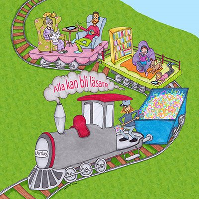 Illustrerad bild på ett tåg med texten "Alla kan bli läsare".