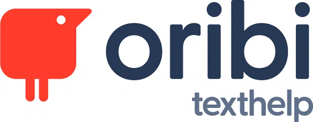 Oribis logotyp: en röd fyrkantig figur och texten "oribi texthelp".