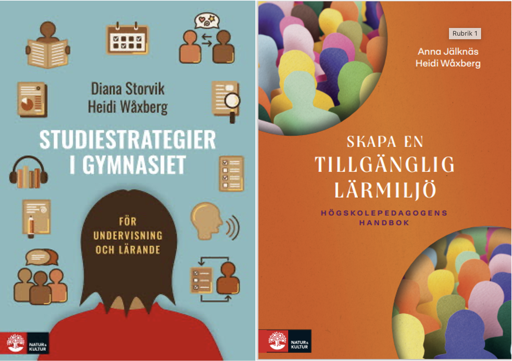 Omslag till  böckerna "Studiestrategier i gymnasiet" och "Skapa en tillgänglig lärmiljö – högskolepedagogens handbok".