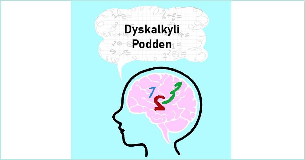 Teckning med en hjärna med tre siffror i. Ovanför en pratbubbla med ordet "Dyskalkylipodden" i.