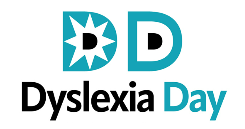 Turkos och blå text mot vit botten. Två stycken D, som står för Dyslexia Day (DyslexiDag).