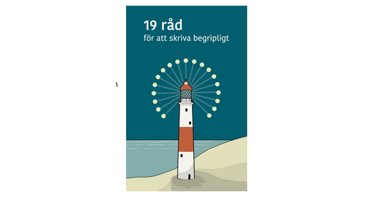 Framsidan av boken "19 råd för att skriva begripligt" visar en vit-röd fyr mot en turkos himmel och ett blått hav.