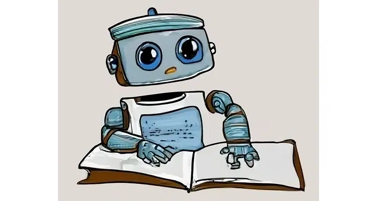En robot som läser eller skriver. Tecknad bild.