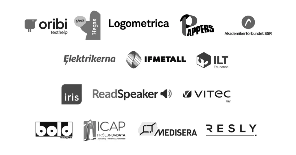 Vi stödjer Dyslexiförbundet: Oribi, Hegas, Logometrica, Pappers, Akademikerna, Elektrikerna, IF Metall, ILT, Iris, Readspeaker, Vitec, Bold, ICAP | Frölunda data, Medisesa, Resly.