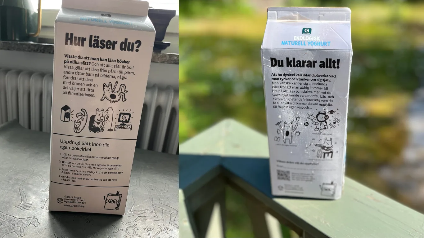 2 bilder på Garants mejeriförpackningar med Dyslexiförbundets text