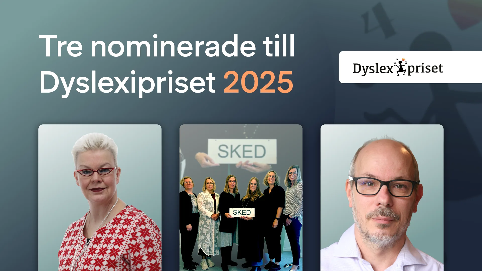 montage av bilder på de tre nominerade till Dyslexipriset 2025.