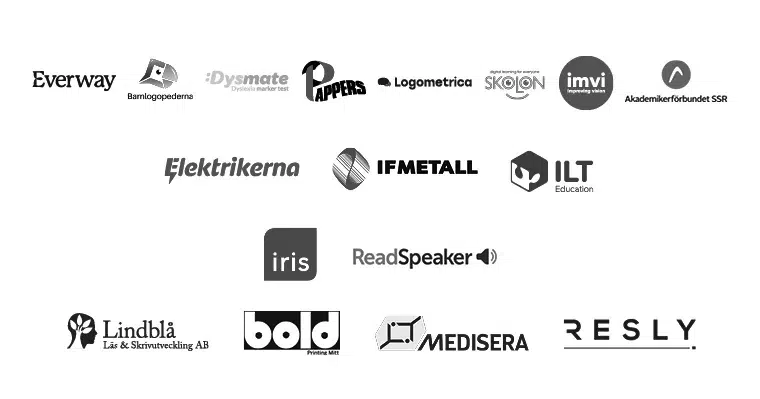 Vi st&ouml;djer Dyslexif&ouml;rbundet: Everway, Barnlogopederna, Dysmate, Pappers, Logometrica, Skolon, IMVI, Akademikerf&ouml;rbundet SSR, Elektrikerna, IF Metall, ILT Education, Iris, Readspeaker, Lindbl&aring; L&auml;s och Skrivutveckling, Bold, Medisera, Resly.