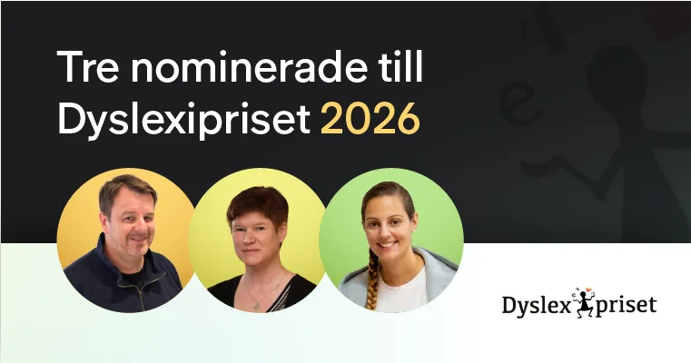 Porträtt på de tre nominerade och texten Tre nominerade till Dyslexipriset 2026.